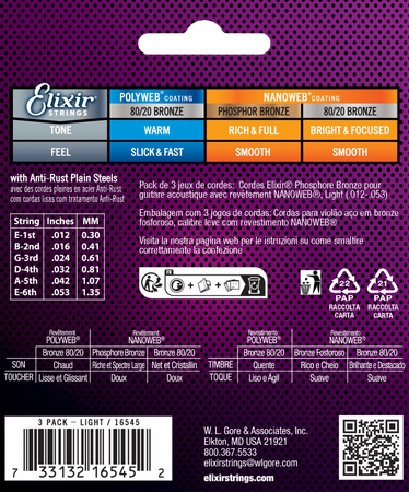 3PACK Struny Elixir NanoWeb Phosphor Bronze 12-53 Light (16545)