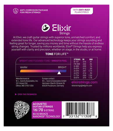 Struny Elixir NanoWeb 80/20 Bronze 16-70 8-String Baritone (11308)