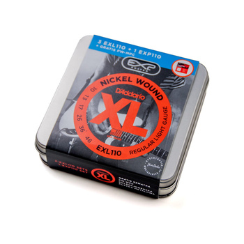 4PACK D'Addario EXL110x3 + EXP110x1 + mikrofibra PW-MPC + kolekcjonerska puszka (MD02)