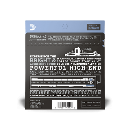 Struny D'Addario ProSteels Bass 5-string Custom Light 45-105 Long Scale EPS165-5