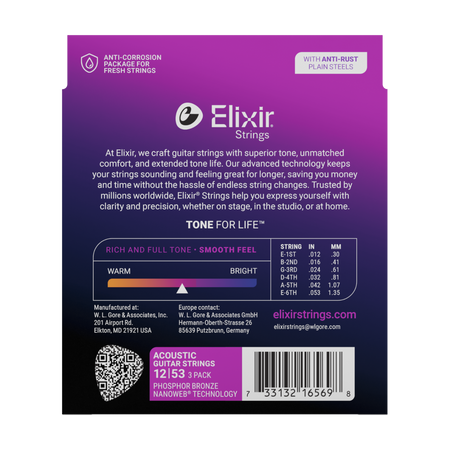 3PACK Struny Elixir NanoWeb Phosphor Bronze 12-53 Light NEW (16569)