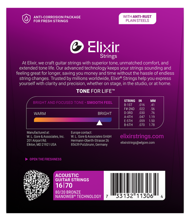 Struny Elixir NanoWeb 80/20 Bronze 16-70 Baritone (11306)