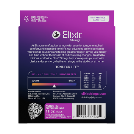 3PACK Struny Elixir NanoWeb Phosphor Bronze 11-52 Custom Light NEW (16568)