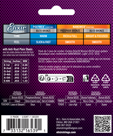 3PACK Struny Elixir NanoWeb 80/20 Bronze 12-53 Light (16539)