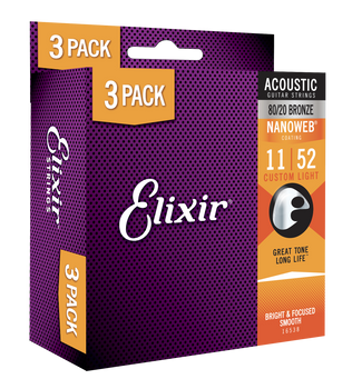 3PACK Struny Elixir NanoWeb 80/20 Bronze 11-52 Custom Light (16538)