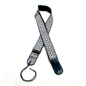 Pasek do gitary żakardowy ze skórzanymi zaczepami czarno-biały