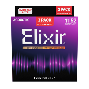 3PACK Struny Elixir NanoWeb 80/20 Bronze 11-52 Custom Light NEW (16564)