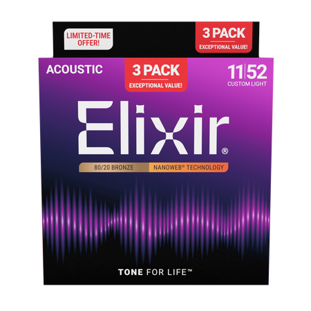 3PACK Struny Elixir NanoWeb 80/20 Bronze 11-52 Custom Light NEW (16564)