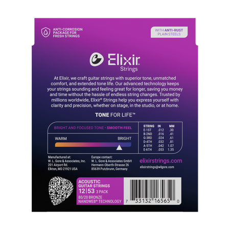 3PACK Struny Elixir NanoWeb 80/20 Bronze 12-53 Light NEW (16565)