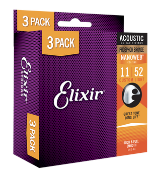 3PACK Struny Elixir NanoWeb Phosphor Bronze 11-52 Custom Light (16544)